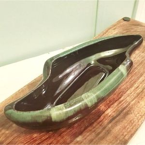 Vintage Ceramic Green and Black Glazed Centerpiece Planter Bonsai Dish Japan 10"